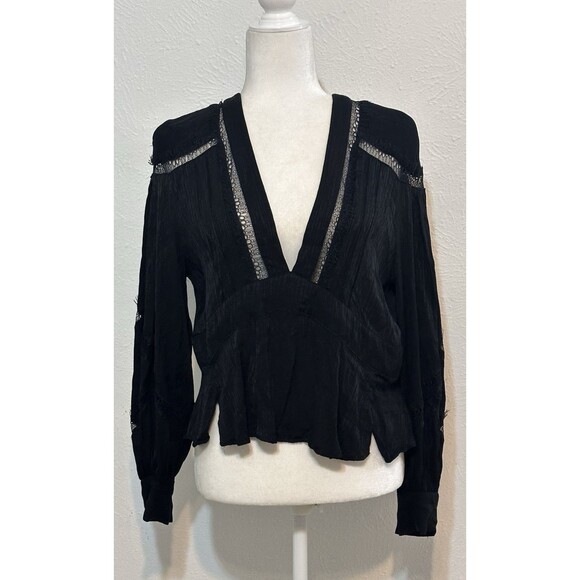 IRO Paris Size 40 US 8 Black Lace Pleated Crepe The Chine Blouse Boho Minimalist - Picture 3 of 16